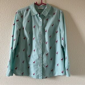 Lemon Way Embroidered Novelty Flamingo Striped Preppy Nautical Women’s Medium